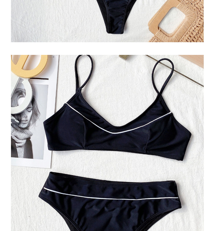 Fashion Black Solid Color Triangle Stitching Split Swimsuit,Bikini Sets