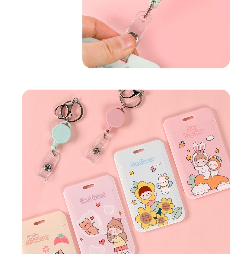 Fashion Beige Strawberry Girl Flower Print Keychain Retractable Card Holder,Household goods