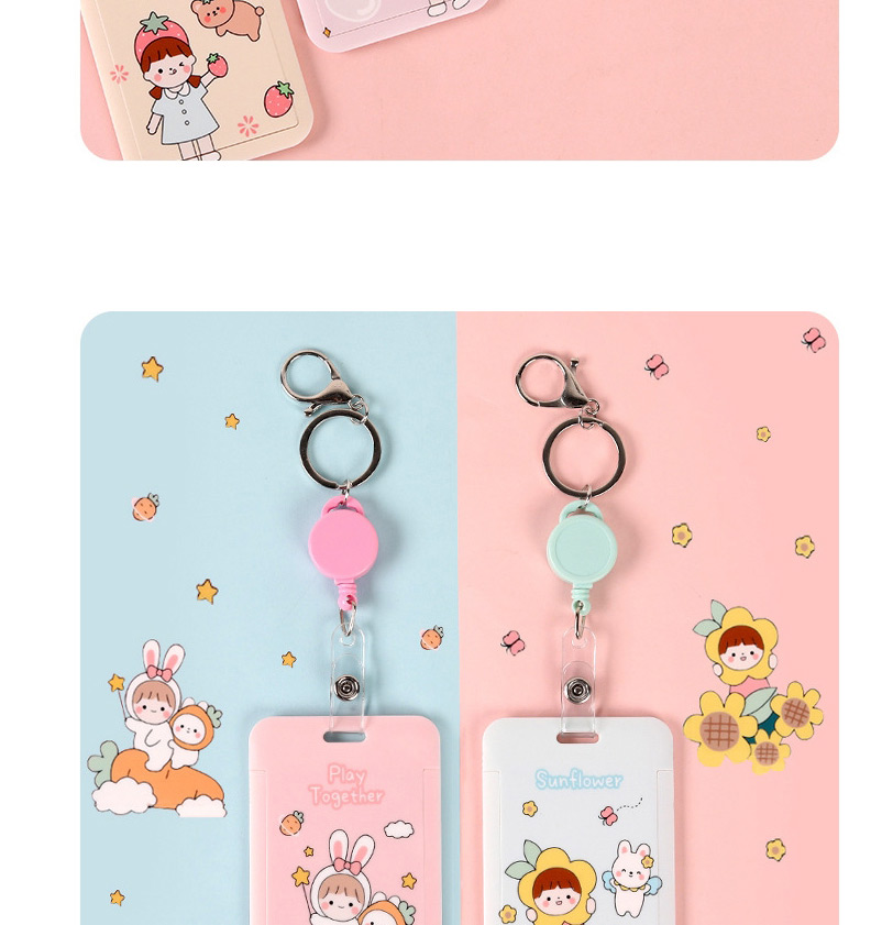 Fashion Pink Carrot Rabbit Flower Print Keychain Retractable Card Holder,Household goods