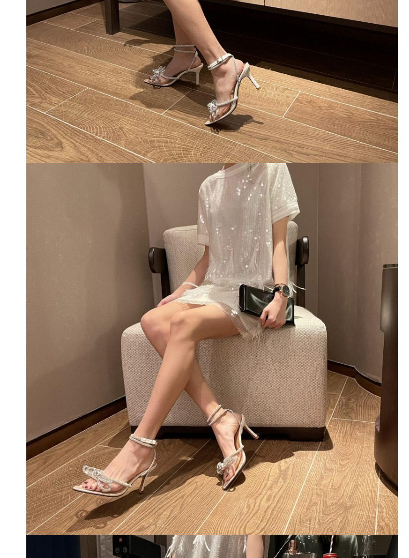 Fashion Silver Rhinestone Bowknot Pointed Back Stiletto Heels,Slippers