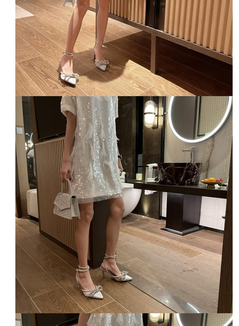 Fashion Transparent White Rhinestone Bowknot Pointed Back Stiletto Heels,Slippers