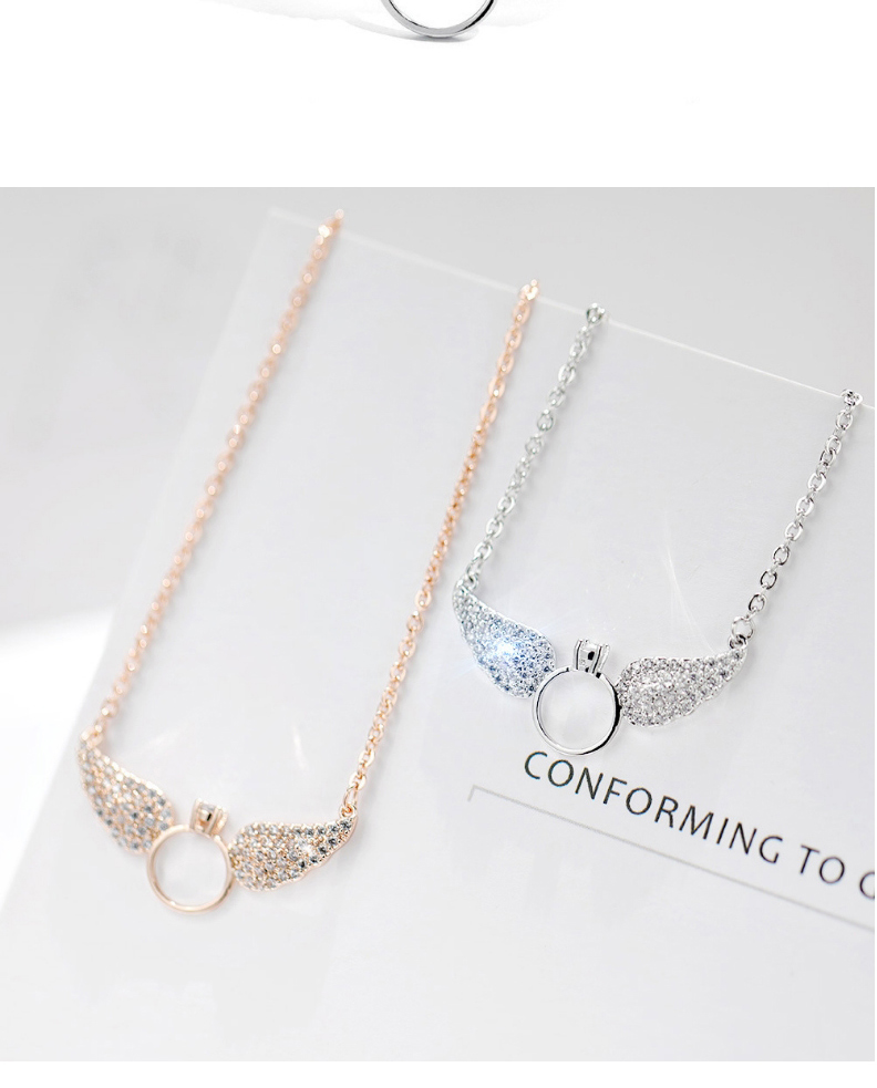 Fashion Medium Silver Angel Wings Micro Zircon Ring Necklace,Necklaces