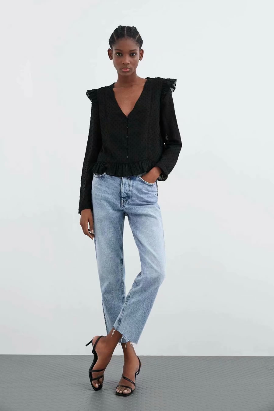 Fashion Black Polka Dot V-neck Loose Long Sleeve Top,Tank Tops & Camis