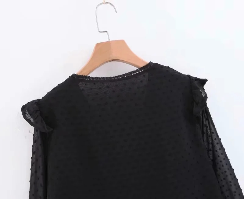 Fashion Black Polka Dot V-neck Loose Long Sleeve Top,Tank Tops & Camis