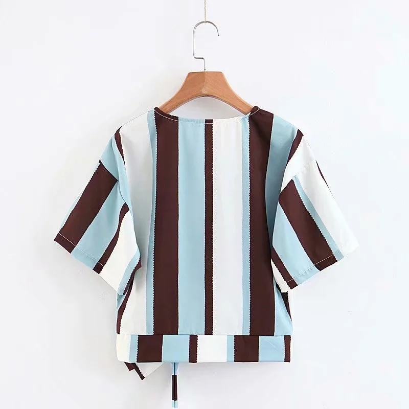 Fashion Blue Brown Stripes Striped Tie Short Sleeve Top,Tank Tops & Camis