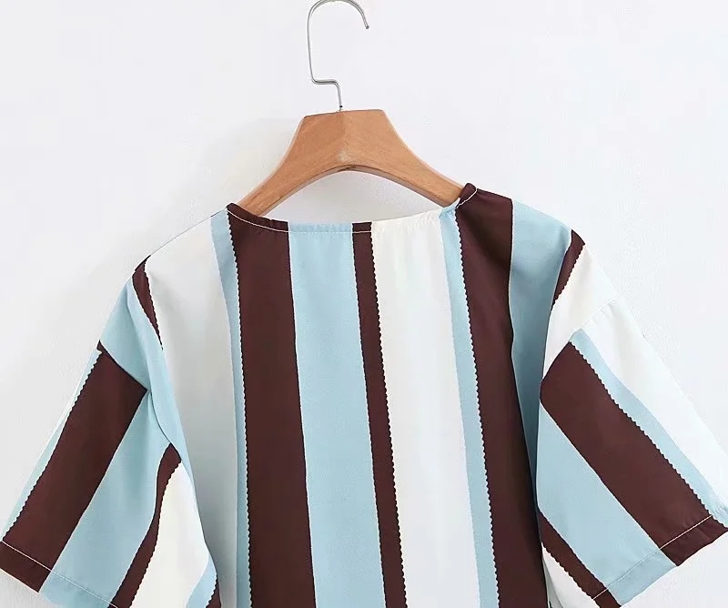 Fashion Blue Brown Stripes Striped Tie Short Sleeve Top,Tank Tops & Camis