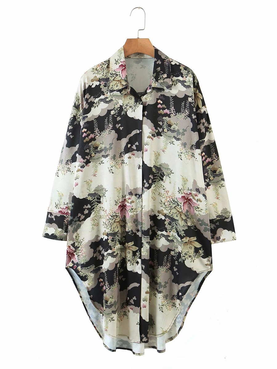 Fashion Flower Print Printed Irregular Opening Loose Shirt,Tank Tops & Camis