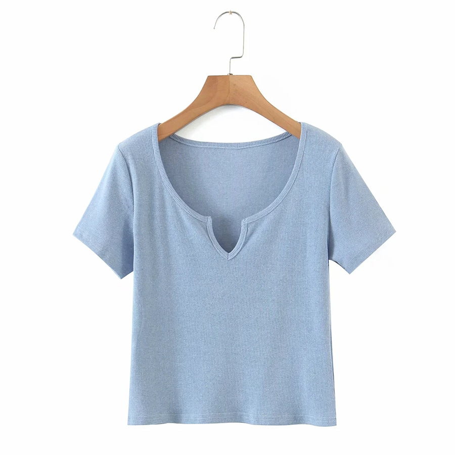 Fashion Blue V-neck Knitted Short Sleeve Top,Tank Tops & Camis