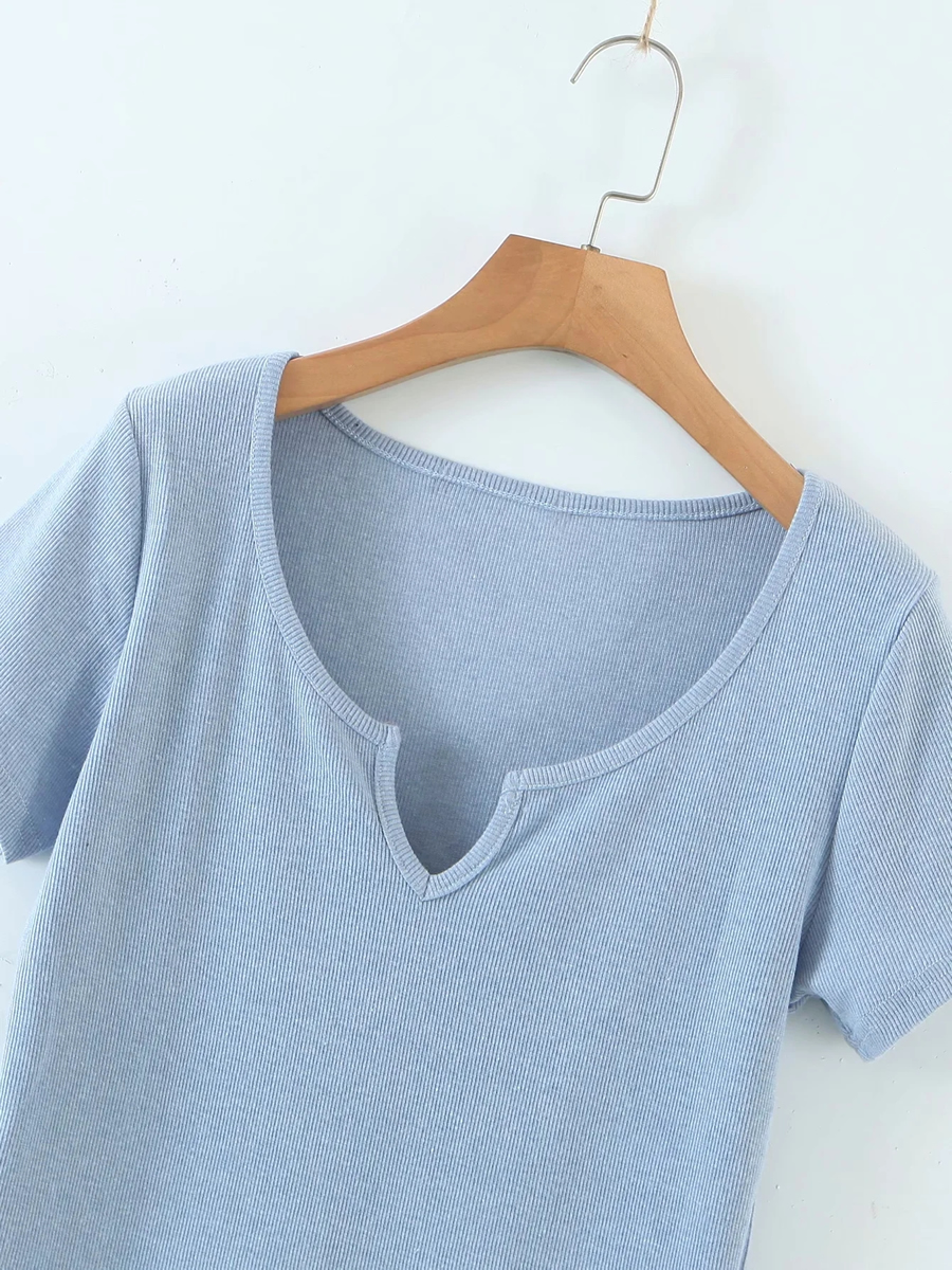 Fashion Blue V-neck Knitted Short Sleeve Top,Tank Tops & Camis