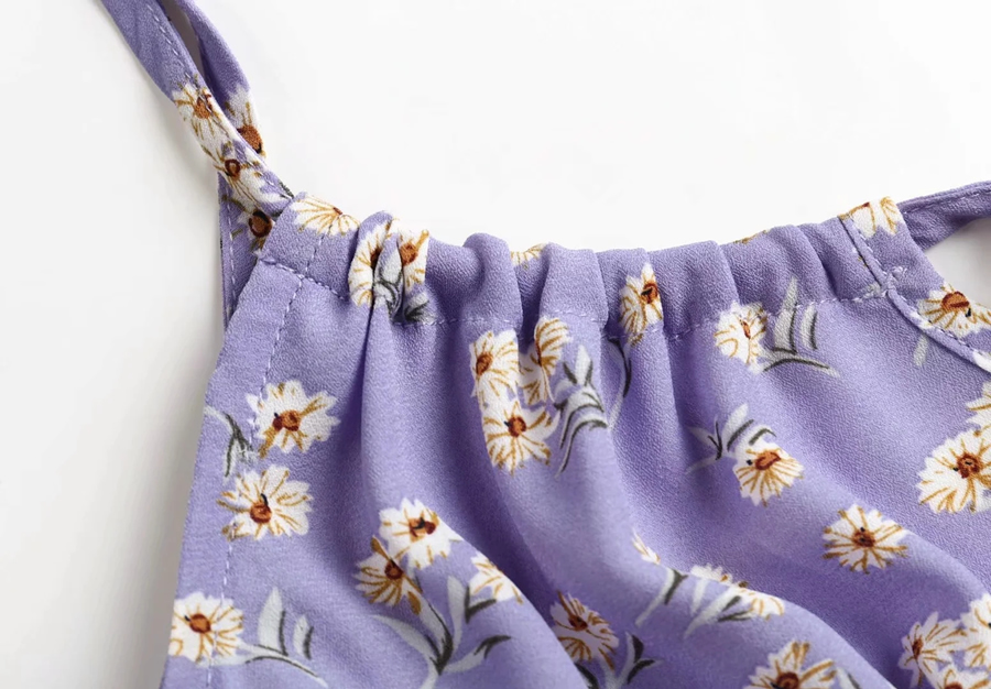 Fashion Purple Floral Floral Print Suspender Dress,Long Dress