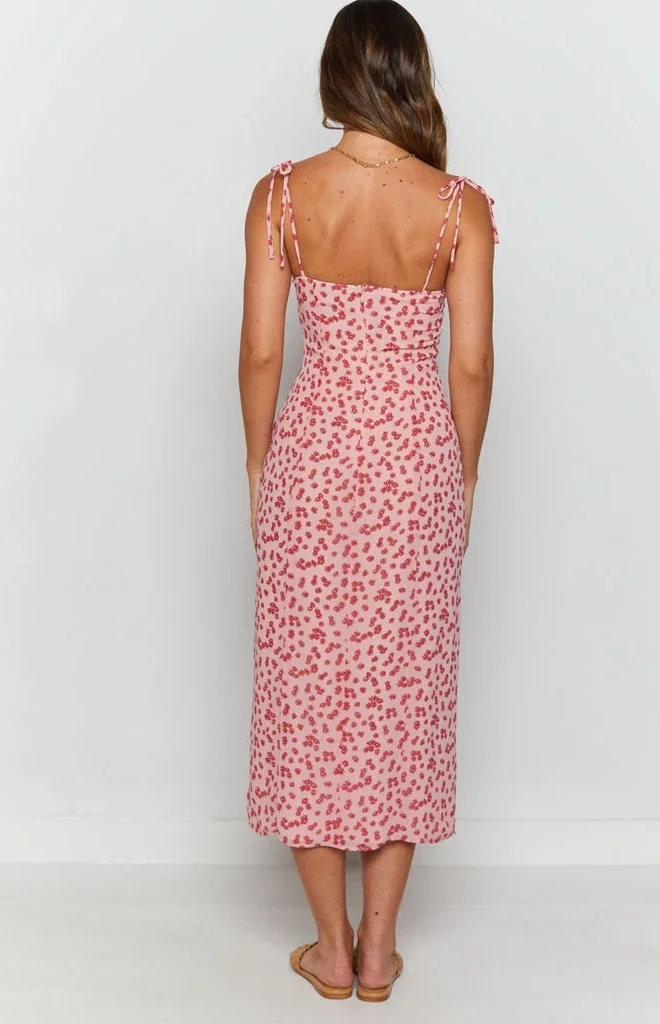 Fashion Pink Daisy Daisy Print Strappy Dress,Long Dress