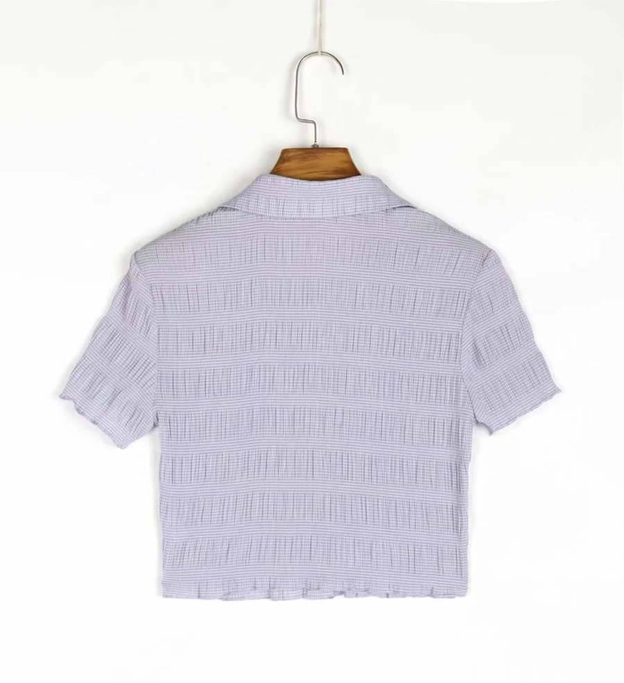Fashion Purple Pleated Single-breasted Lapel Short-sleeved Shirt,Tank Tops & Camis