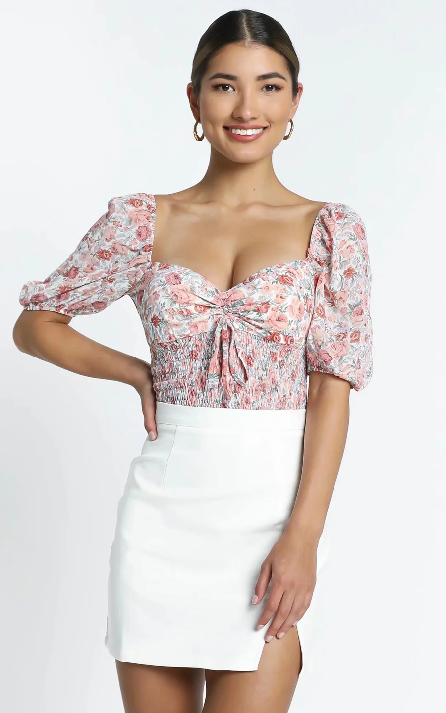 Fashion Pink Floral Print Pleated Low-neck Short-sleeved Top,Tank Tops & Camis