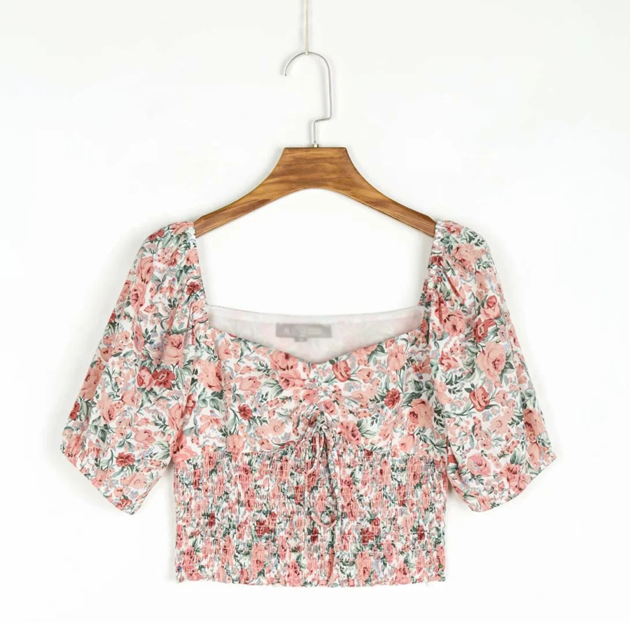 Fashion Pink Floral Print Pleated Low-neck Short-sleeved Top,Tank Tops & Camis