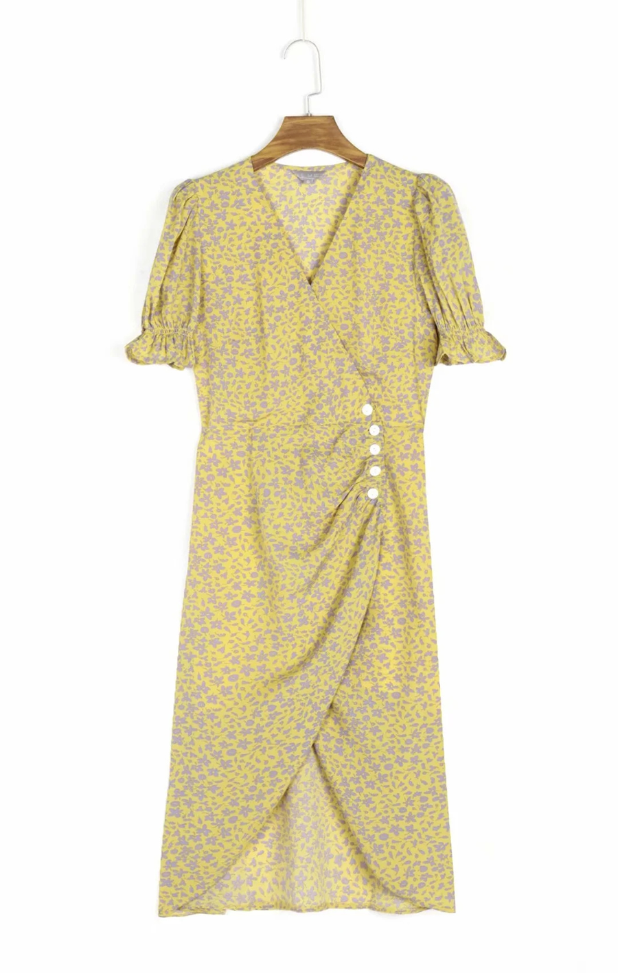 Fashion Yellow Floral Floral V-neck Printed Short Sleeve Dress,Long Dress