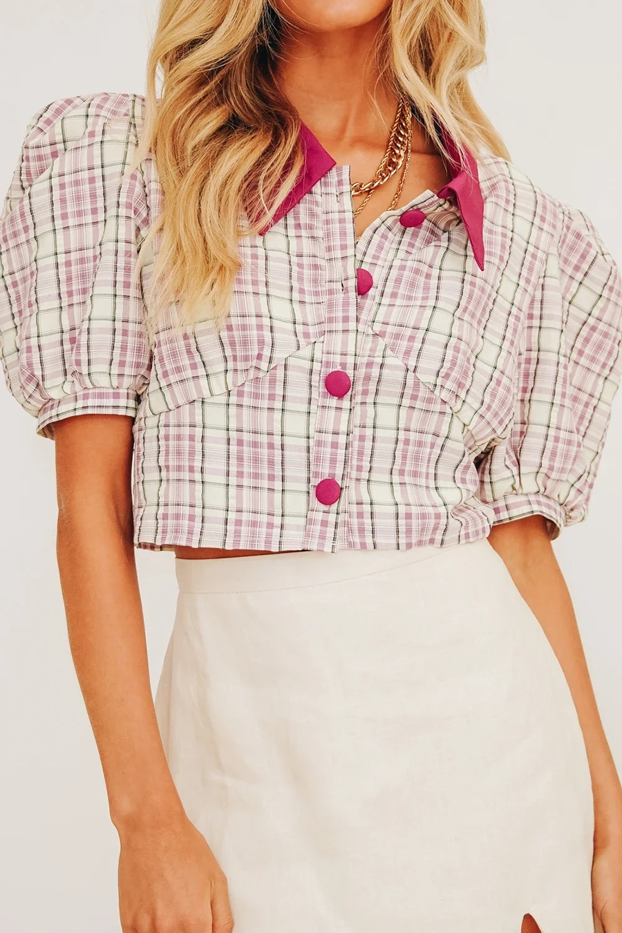 Fashion Pink Plaid Plaid Buttoned Short Sleeve Shirt Top,Tank Tops & Camis