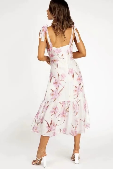 Fashion Pink Flowers Lace-up Flower Print Suspender Dress,Long Dress
