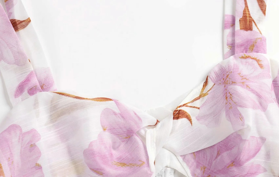 Fashion Pink Flowers Lace-up Flower Print Suspender Dress,Long Dress