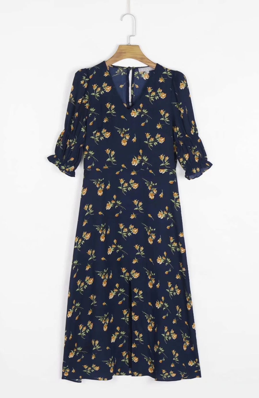 Fashion Navy Blue Floral Floral Print Split Short Sleeve Dress,Long Dress