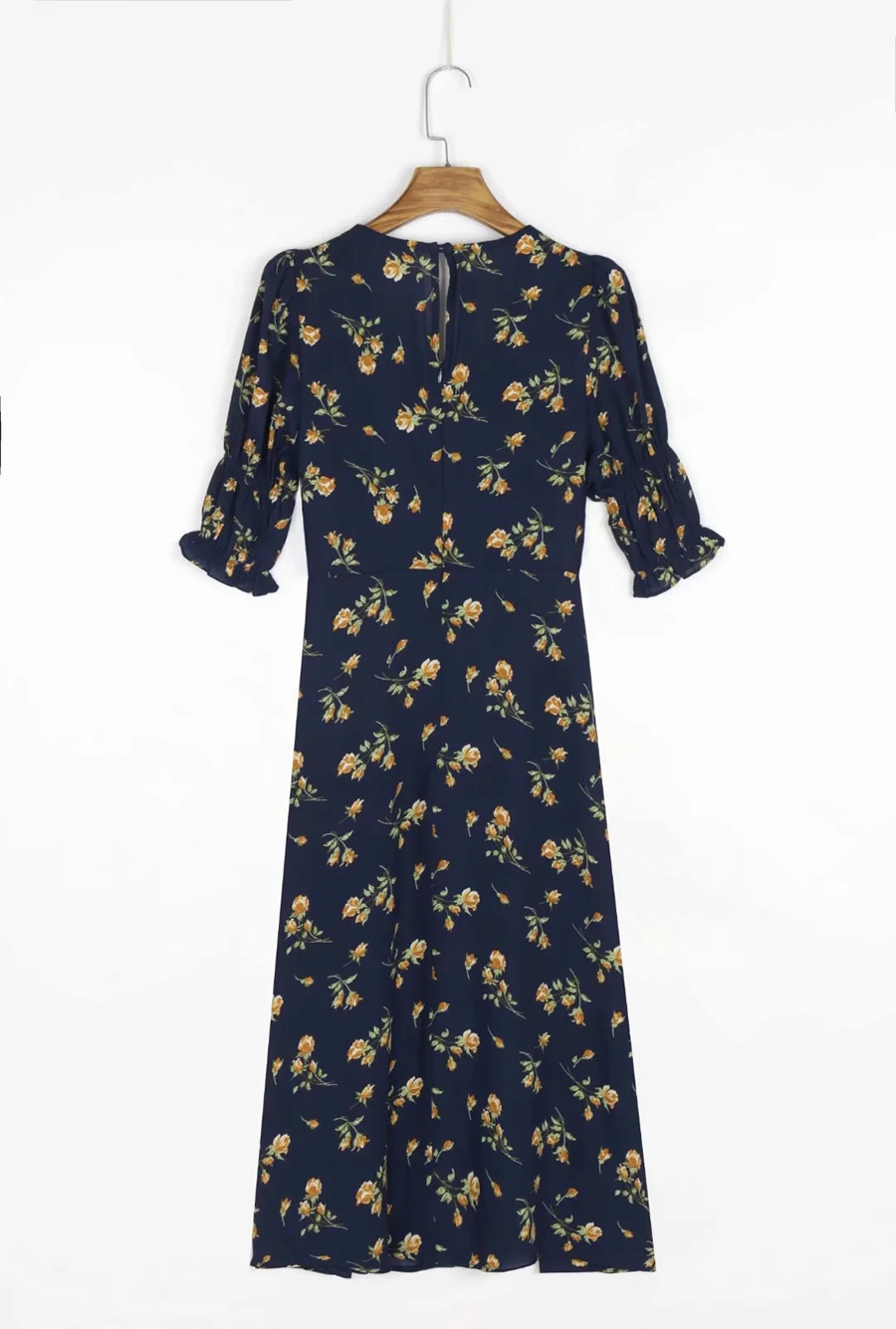 Fashion Navy Blue Floral Floral Print Split Short Sleeve Dress,Long Dress
