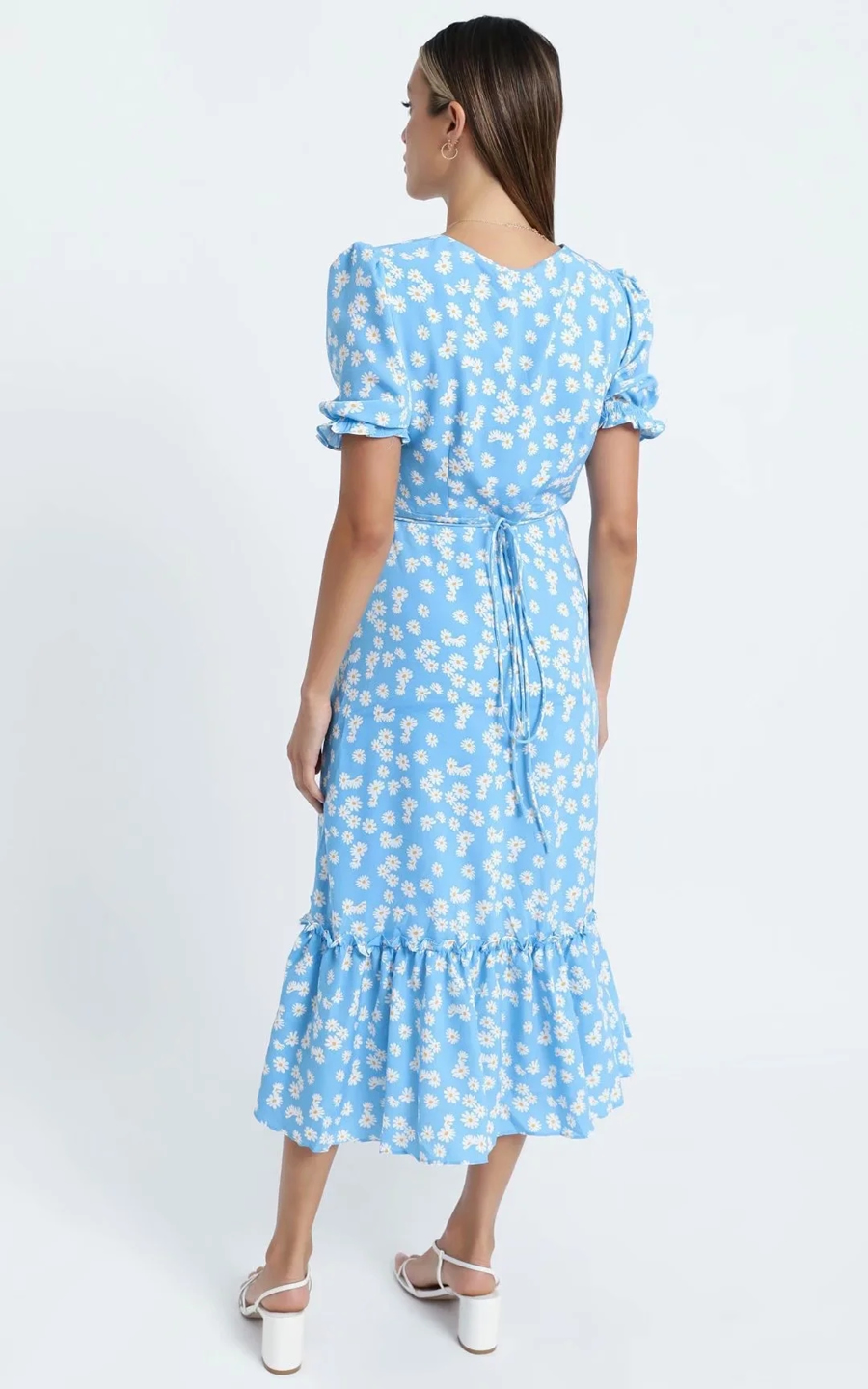 Fashion Blue Daisy Print V-neck Short Sleeve Dress,Long Dress