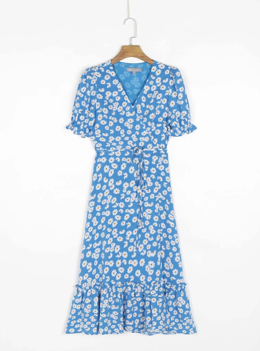 Fashion Blue Daisy Print V-neck Short Sleeve Dress,Long Dress