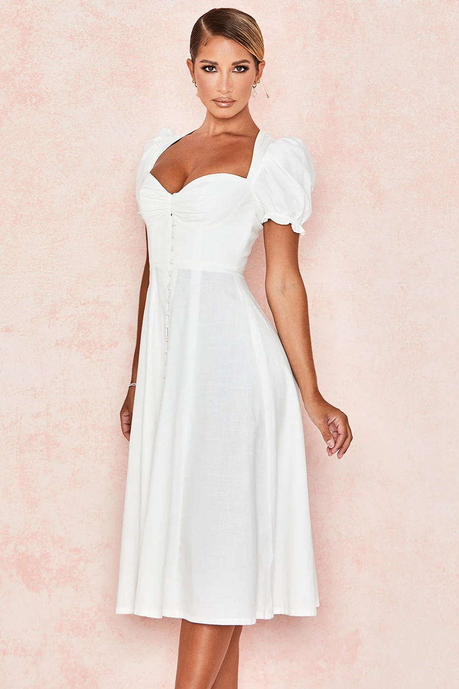 Fashion White Low Neck Single Breasted Short Sleeve Dress,Long Dress