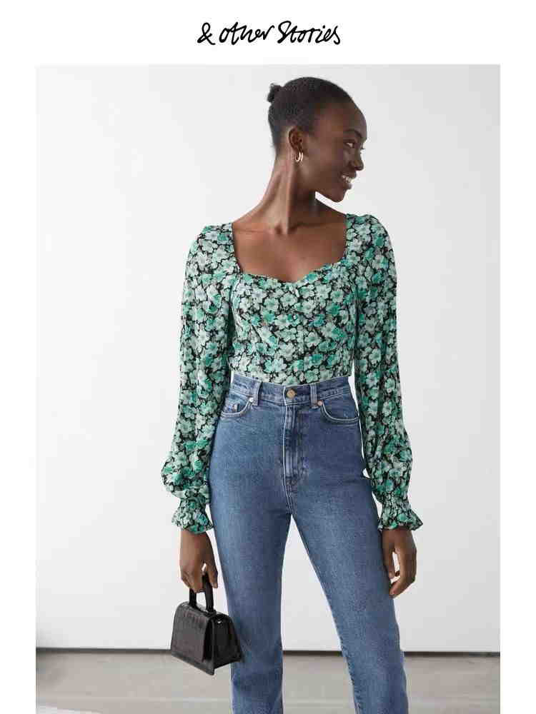 Fashion Green Floral Floral Print Square Neck Tether Long Sleeve Top,Tank Tops & Camis