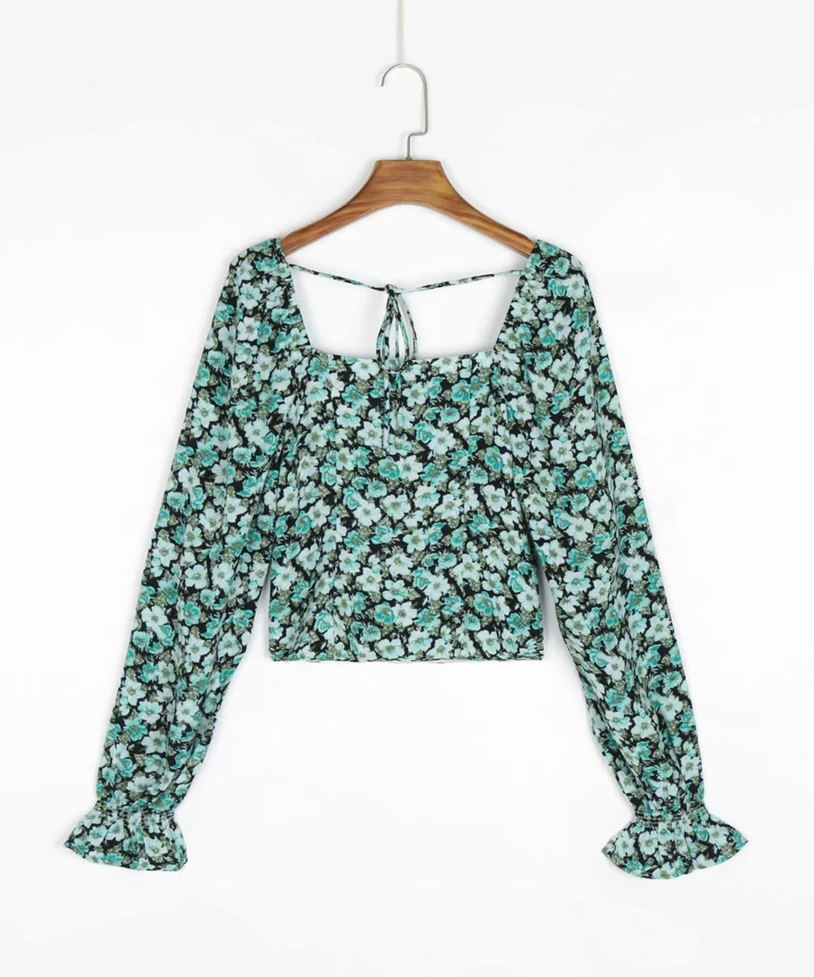 Fashion Green Floral Floral Print Square Neck Tether Long Sleeve Top,Tank Tops & Camis