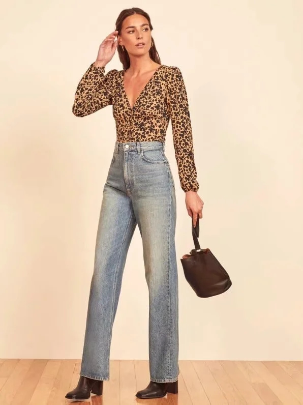 Fashion Khaki Leopard Print Leopard Print V-neck Long Sleeve Top,Tank Tops & Camis