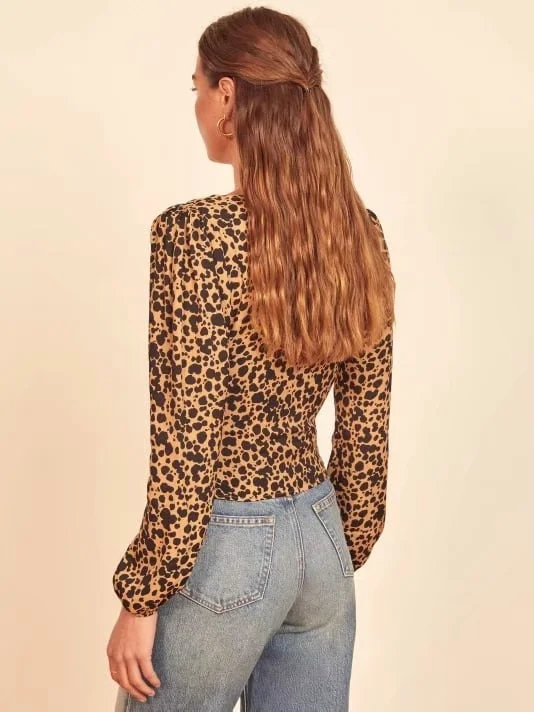 Fashion Khaki Leopard Print Leopard Print V-neck Long Sleeve Top,Tank Tops & Camis