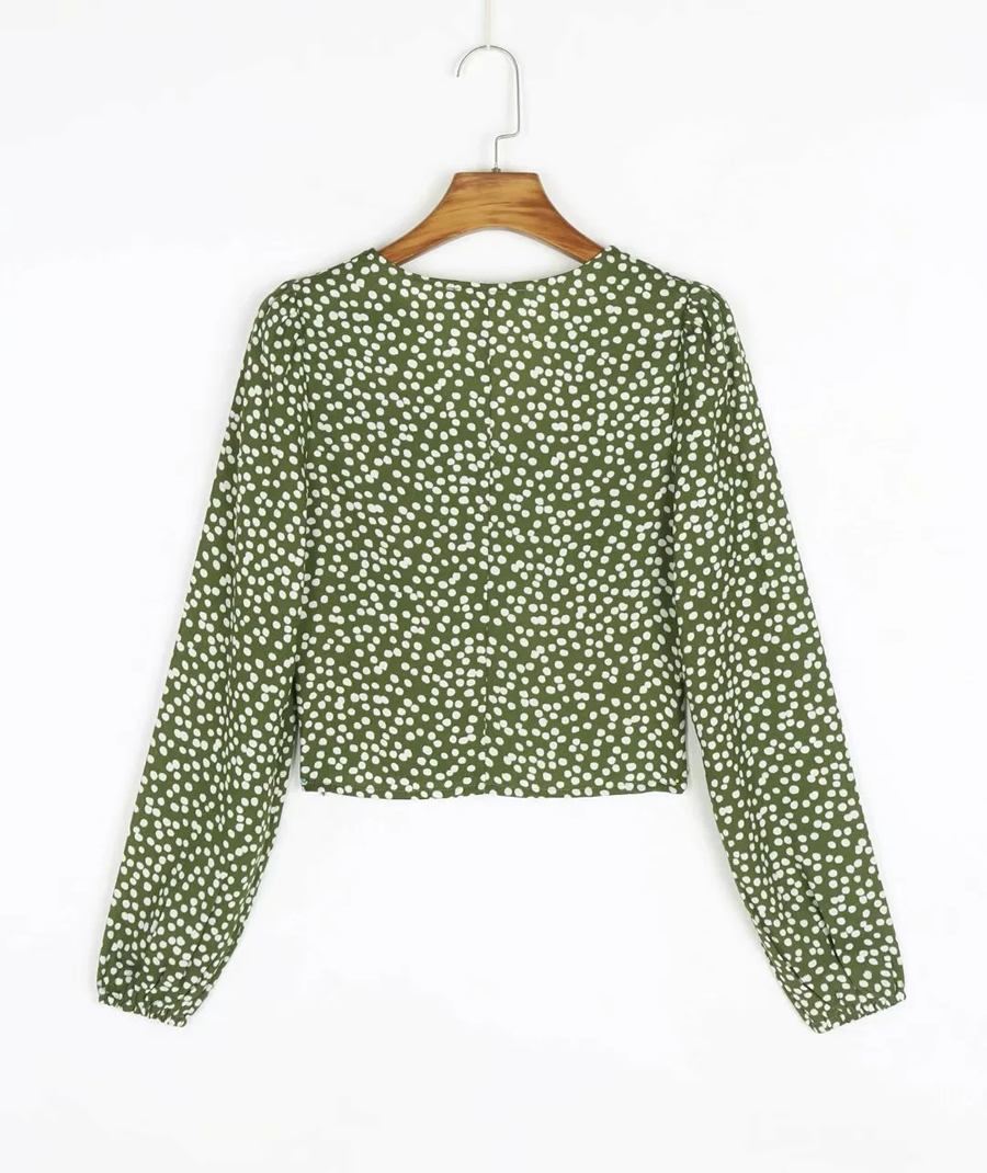 Fashion Green Dots Polka Dot Print V-neck Long Sleeve Top,Tank Tops & Camis