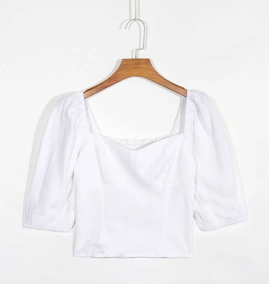 Fashion White Square Collar Pleated Short Sleeve Top,Tank Tops & Camis