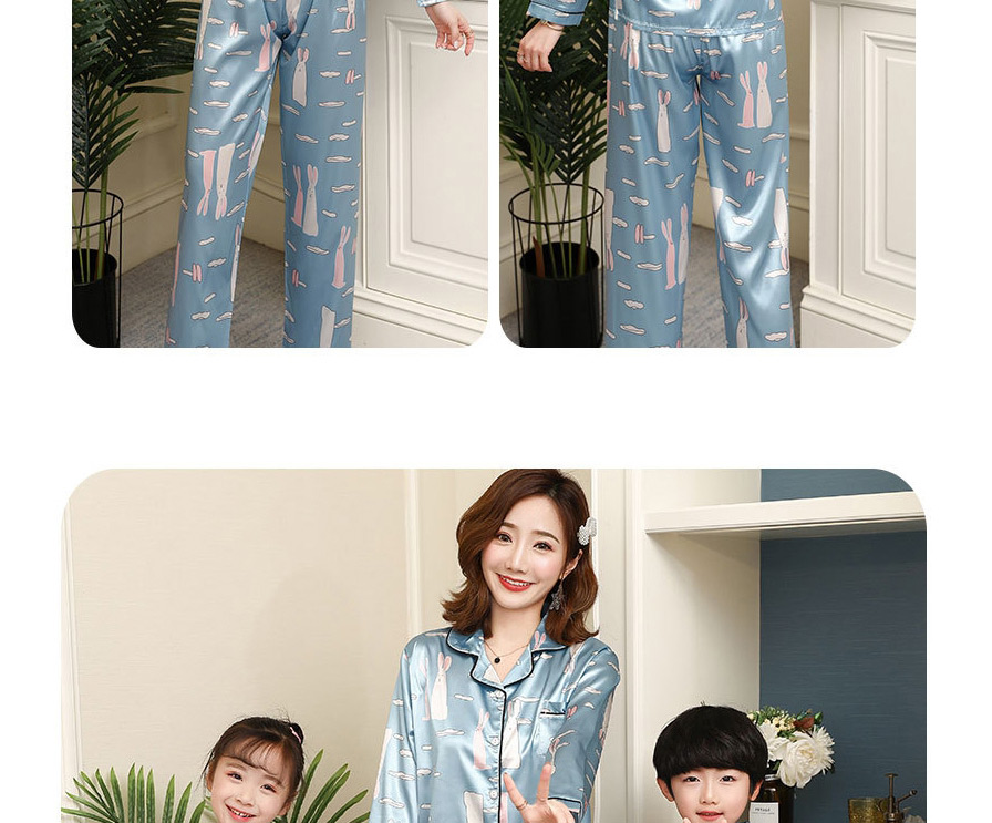 Fashion Mother Blue Little Rabbit Long-sleeved Pajamas Ice Silk Printed Cardigan Thin Parent-child Home Wear Pajamas,CURVE SLEEP & LOUNGE