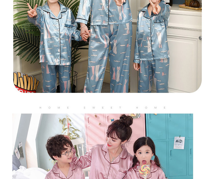 Fashion Children S Blue Baby Rabbit Long-sleeved Pajamas Ice Silk Printed Cardigan Thin Parent-child Home Wear Pajamas,CURVE SLEEP & LOUNGE