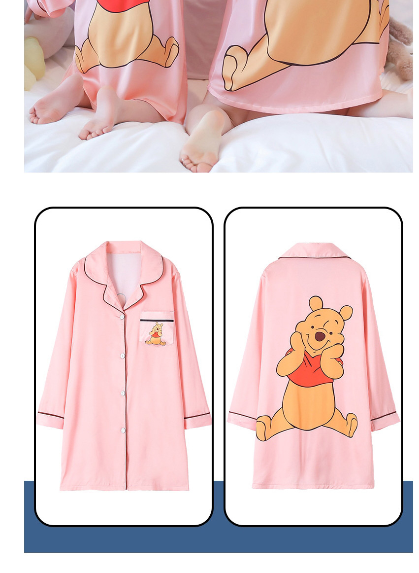 Fashion Mom Hits The Color Chestnut Purple Ice Silk Printed Shirt-style Parent-child Nightdress Home Wear,Cartoon Pajama