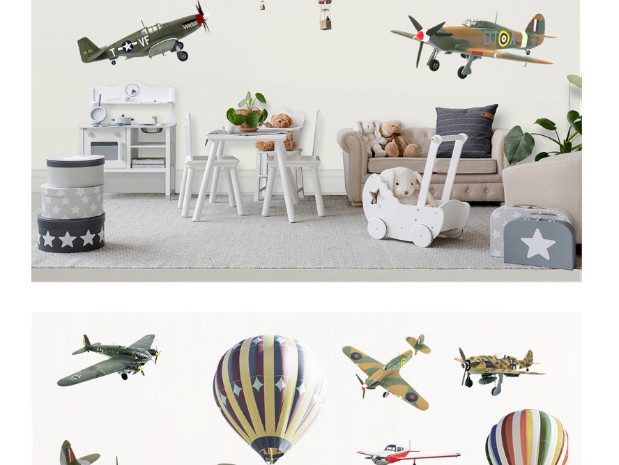 Fashion 30*90cmx2 Pieces In A Bag Packaging Hand-painted Airplane Hot Air Balloon Wall Sticker Removable,Home Decor