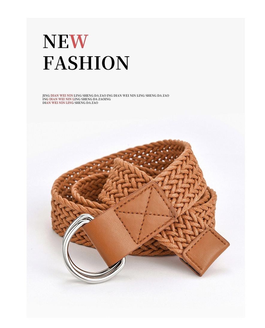 Fashion Brown Double Loop Buckle Wax Rope Braided Alloy Belt,Wide belts