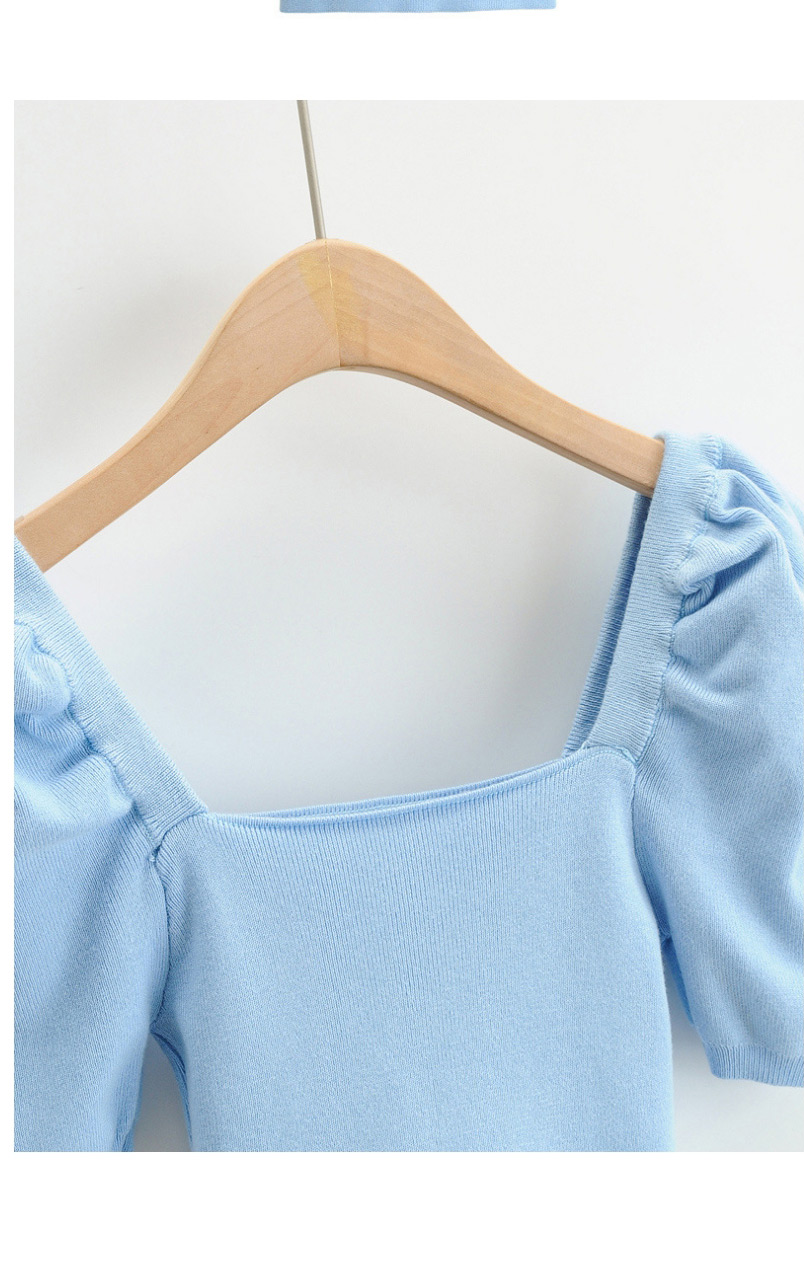 Fashion Blue Puff Sleeve Square Neck Knitted T-shirt Top,Tank Tops & Camis