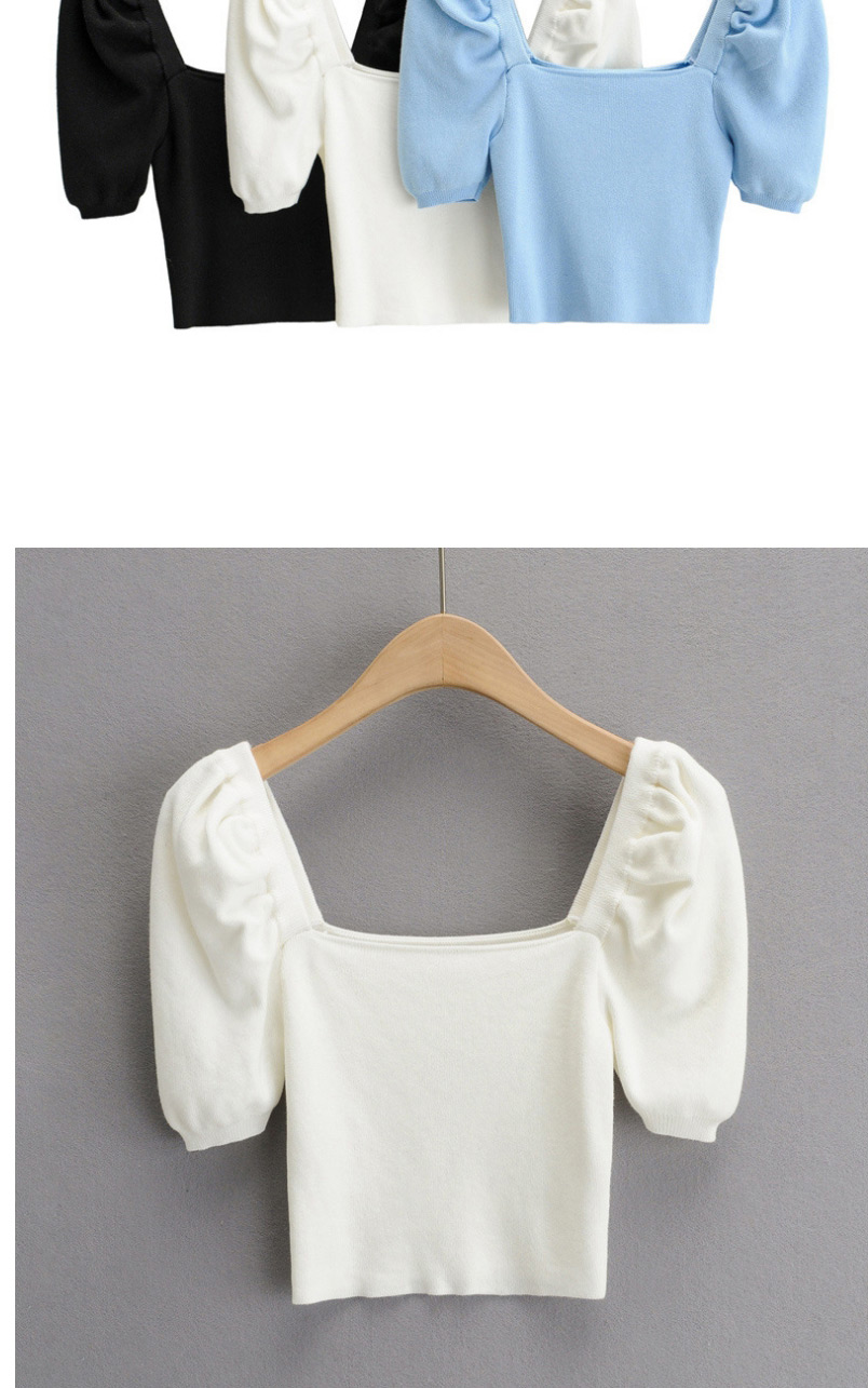 Fashion Blue Puff Sleeve Square Neck Knitted T-shirt Top,Tank Tops & Camis