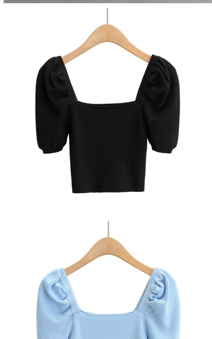 Fashion Black Puff Sleeve Square Neck Knitted T-shirt Top,Tank Tops & Camis