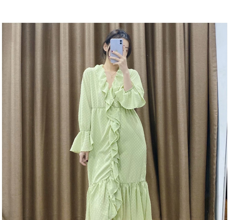 Fashion Green Ruffled Chiffon Printed V-neck Dress,Long Dress