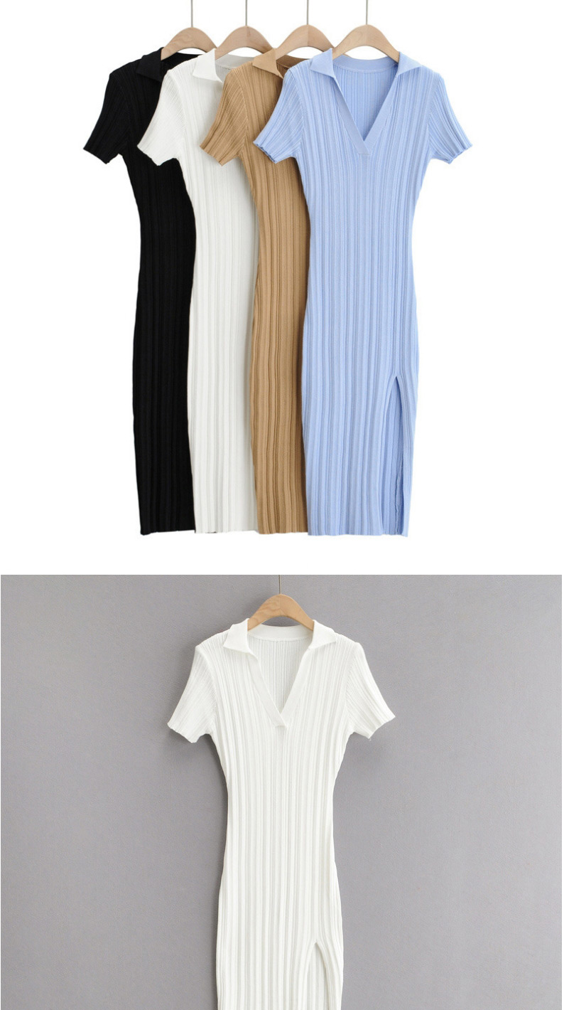 Fashion White Solid Color Pit Strip Knit Short Sleeve Side Slit Dress,Long Dress