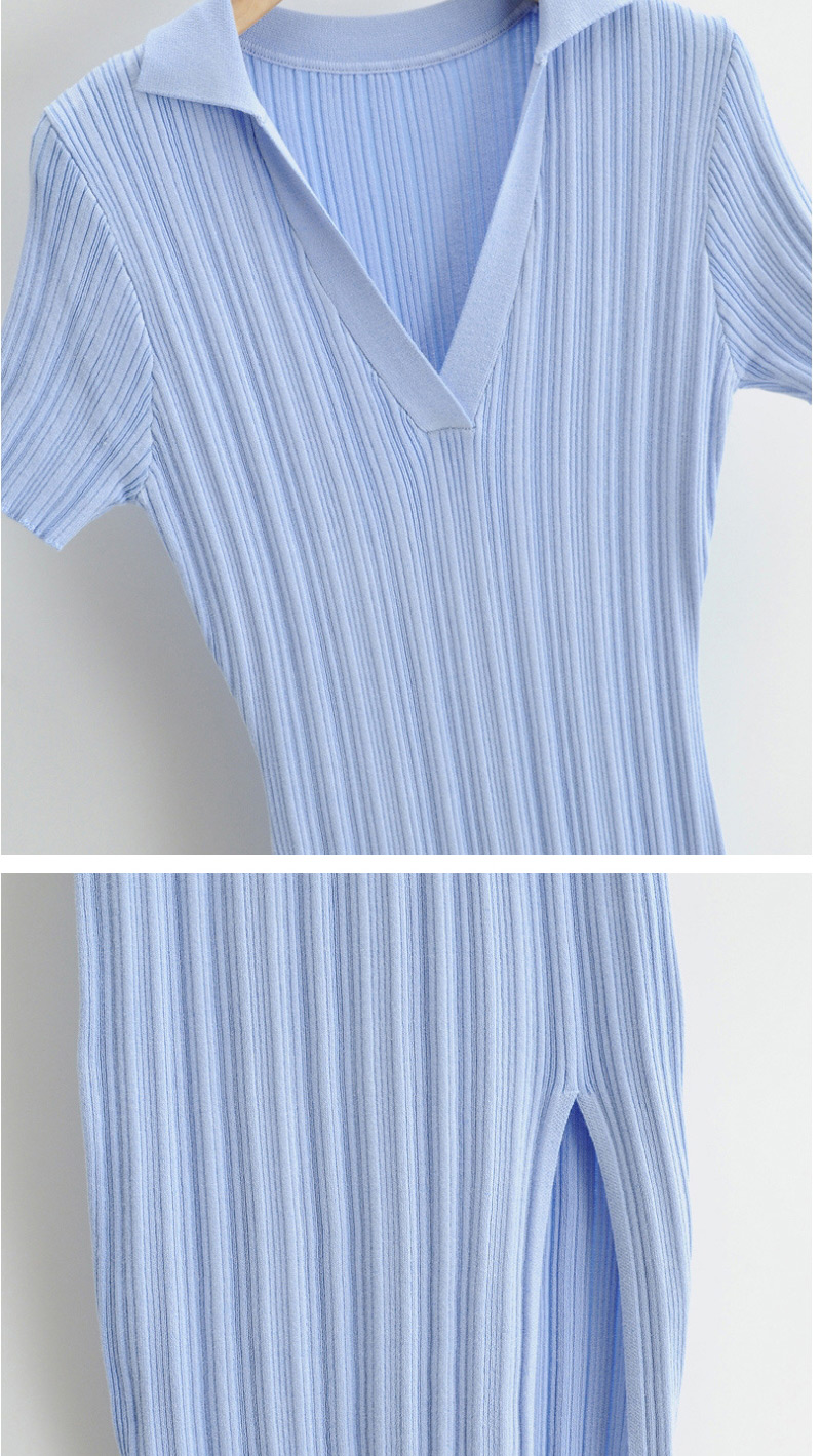Fashion Khaki Solid Color Pit Strip Knit Short Sleeve Side Slit Dress,Long Dress