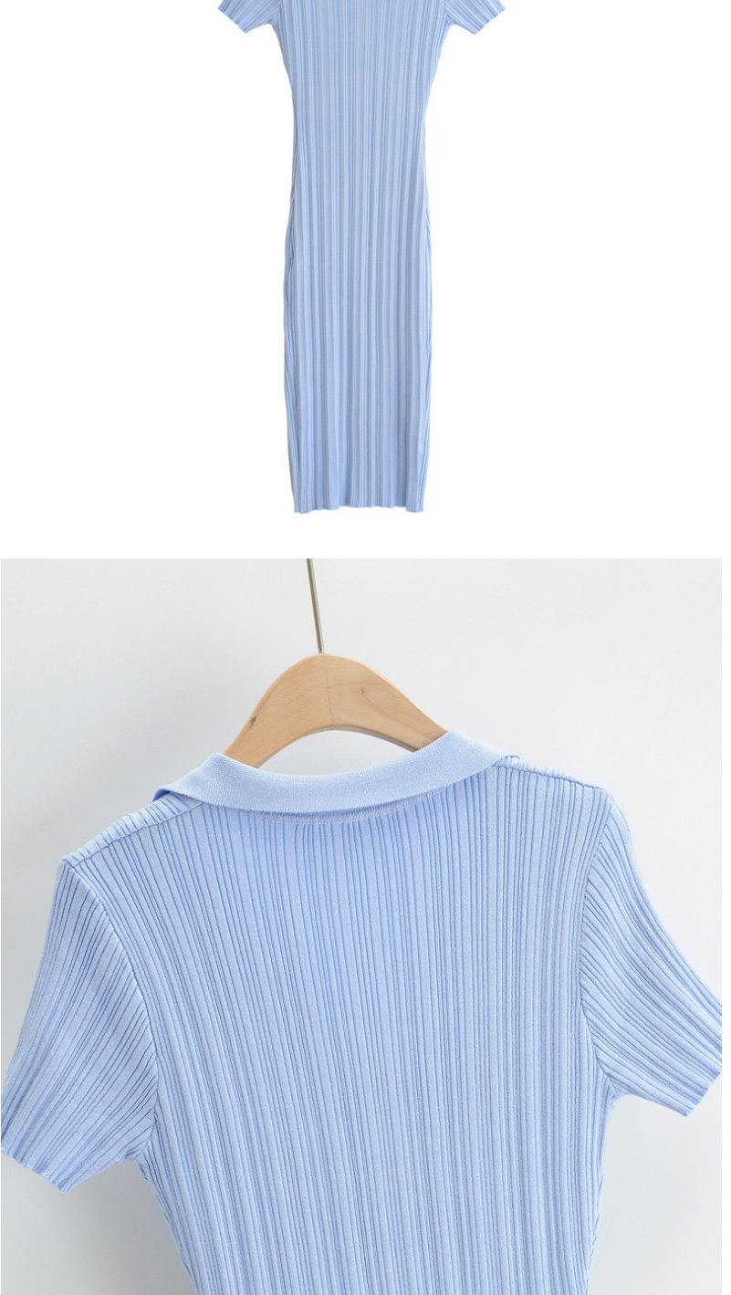 Fashion Blue Solid Color Pit Strip Knit Short Sleeve Side Slit Dress,Long Dress