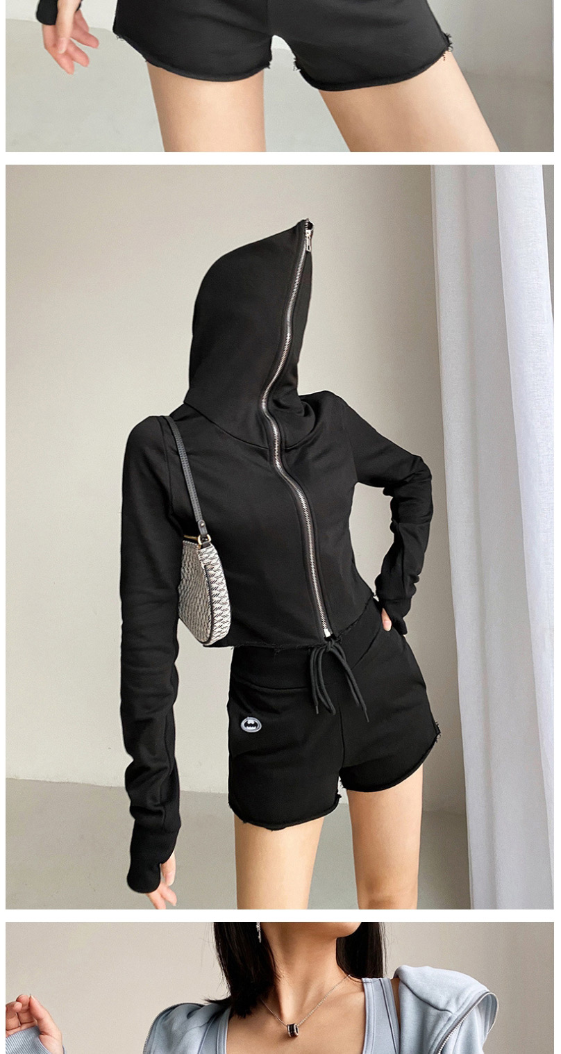 Fashion Black Solid Color Zipper Hooded Long Sleeve Sweater,Hair Crown