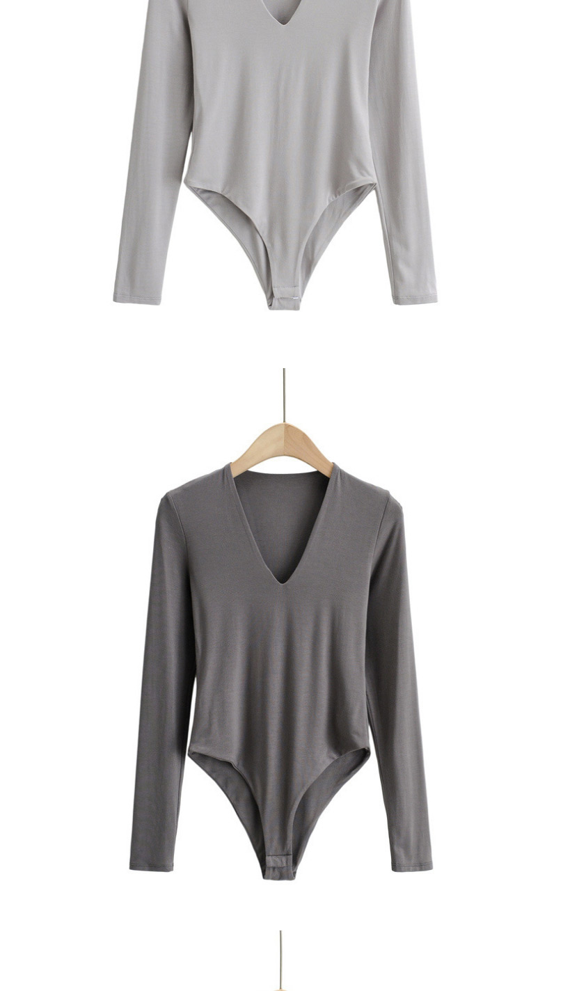 Fashion Light Gray Deep V Double-layer Long-sleeved Slim Bottoming Bodysuit,Tank Tops & Camis