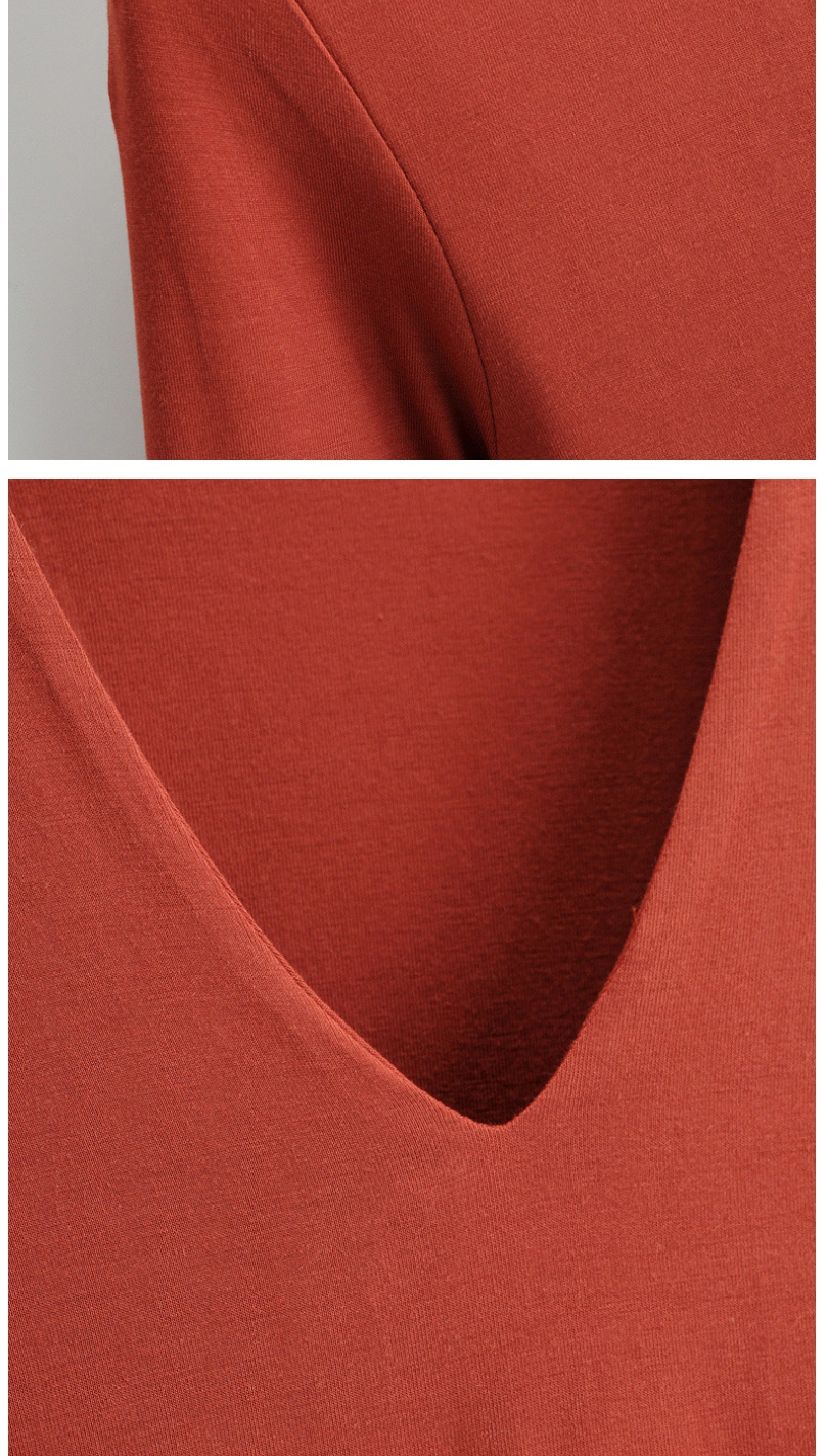 Fashion Brick Red Deep V Double Layer Long-sleeved Slim Bottoming Bodysuit,Tank Tops & Camis