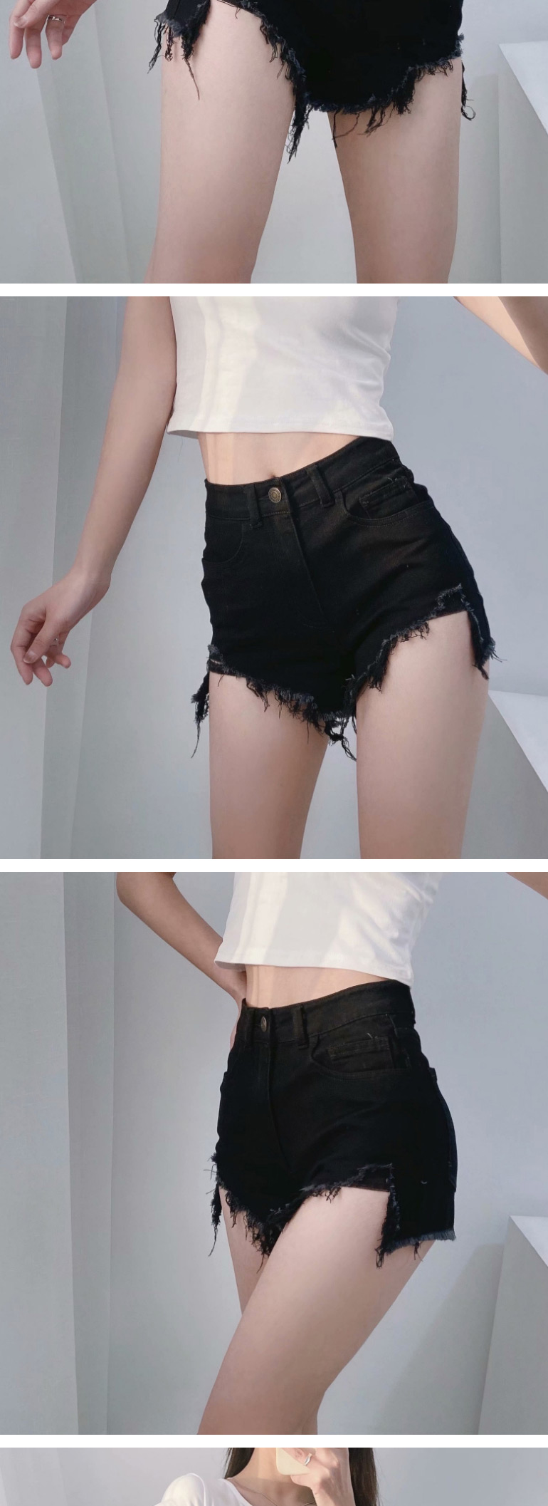 Fashion Black Stretch Denim Shorts With Ripped Holes,Shorts