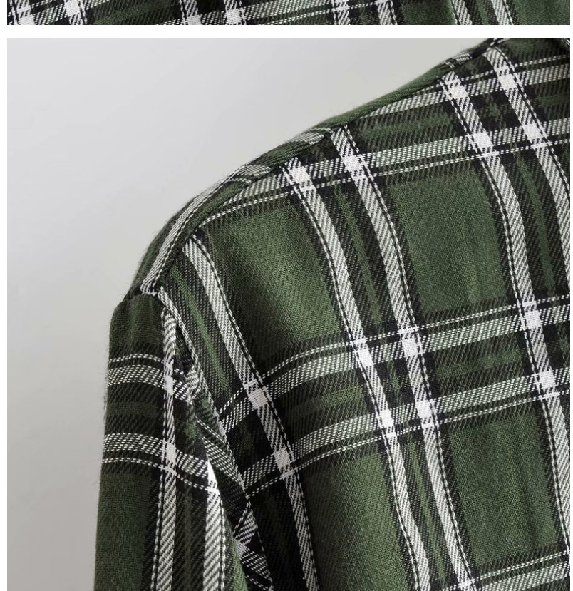 Fashion Green Check Print Lapel Long Sleeve Shirt,Tank Tops & Camis